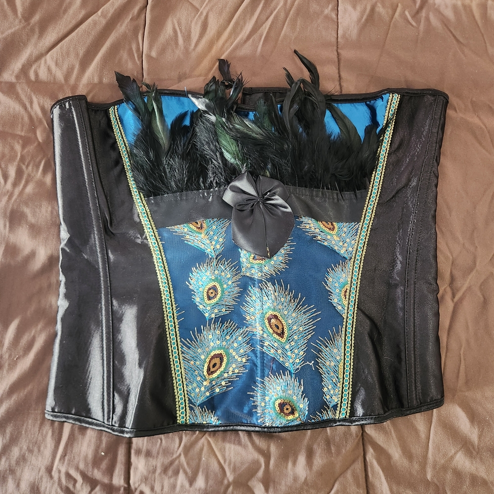 Source Unknown Black and Blue Corset with Peacock Design One Size